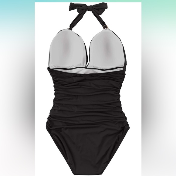 Women V Neck One Piece Swimsuits Tummy Control Ruched Halter Bathing Suit - Picture 4 of 12
